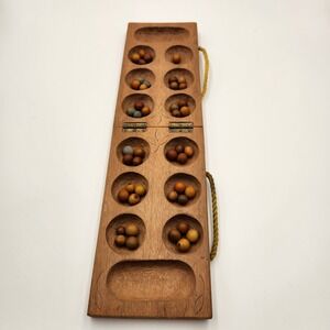 Handmade Wooden Mancala Board Game African Strategy Folding Travel Set Carved